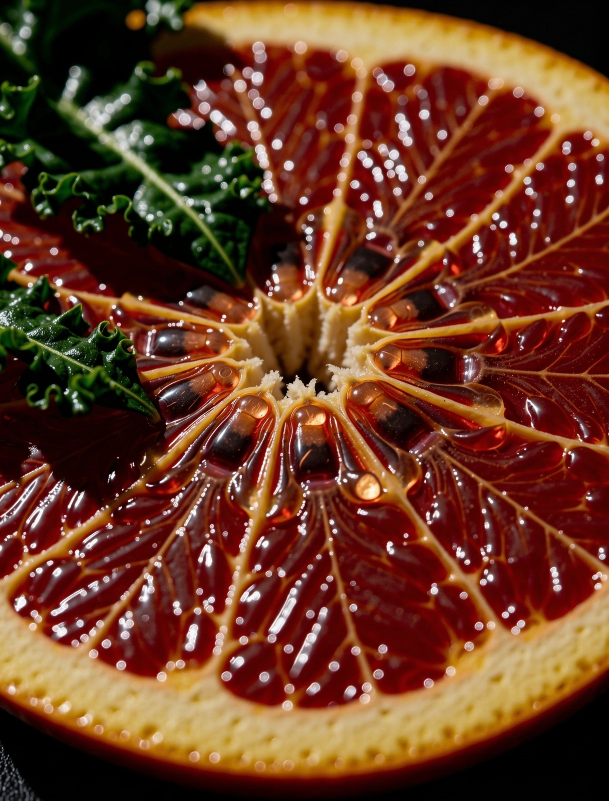 Fresh blood orange and kale macro textures